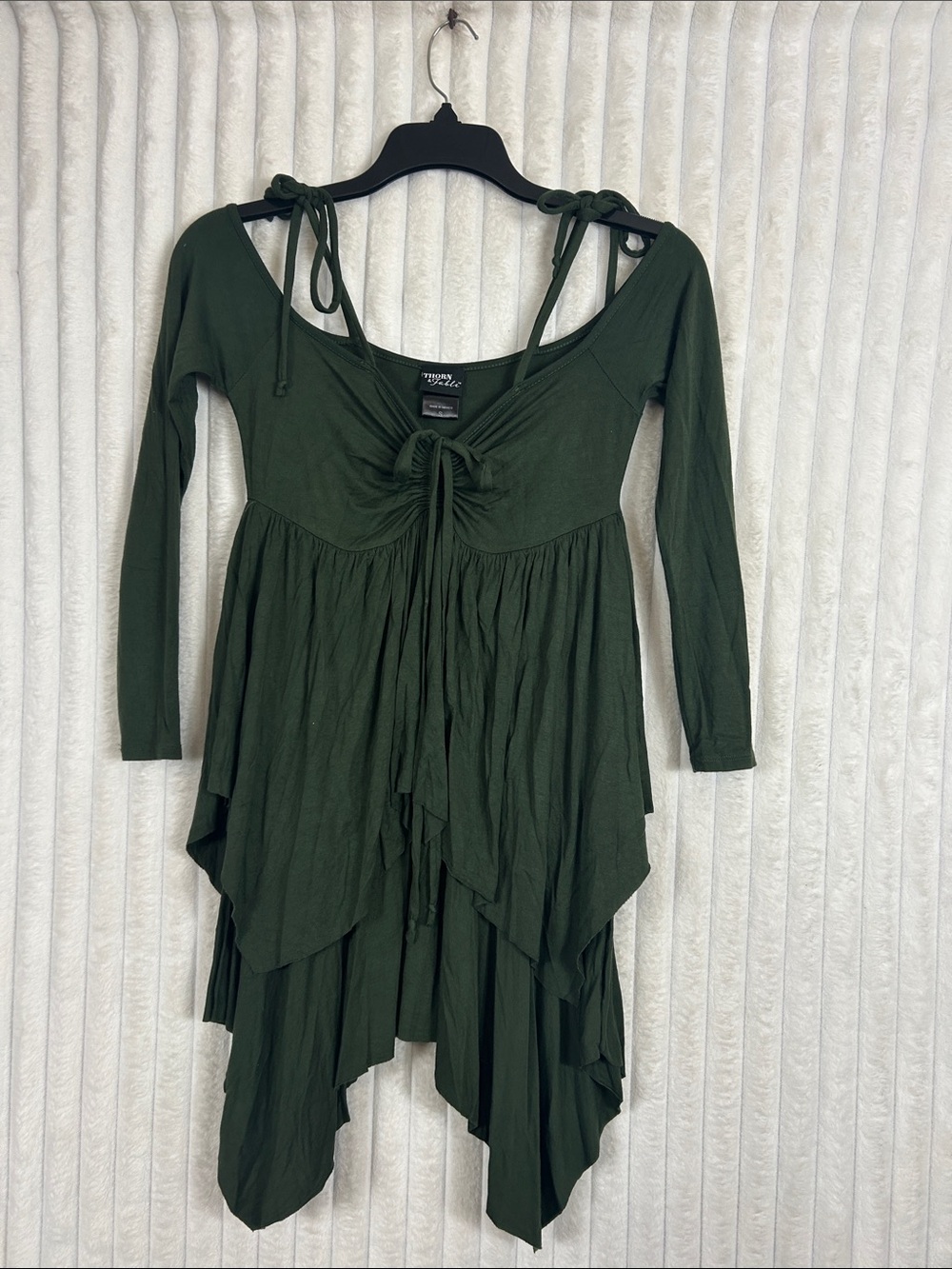 Thorn & Fable Green Hanky Hem Cold Shoulder long sleeve mini Dress Small
